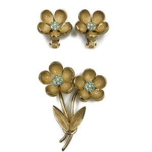 Bergere Flower Brooch Pin & Clip On Earrings Set